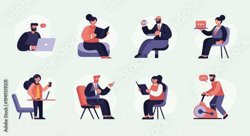 Diverse individuals engaged in various activities like work, reading, and exercise