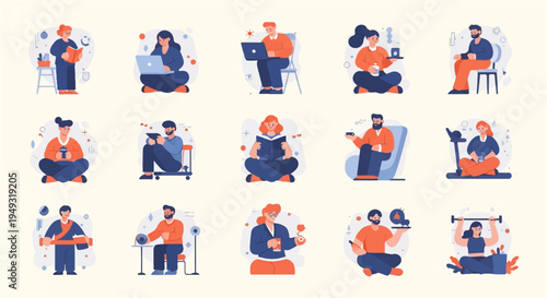 Diverse individuals engaged in various activities like reading, working, and leisure