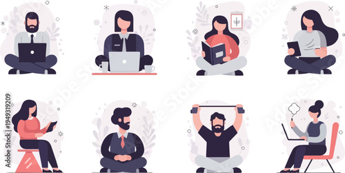 Diverse individuals engaged in various activities like working, reading, and exercising (5)
