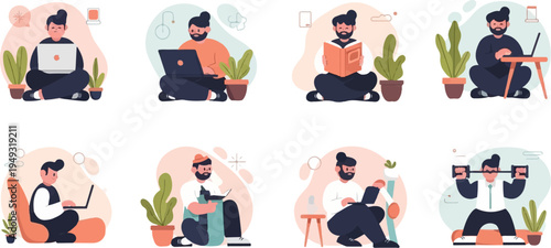 Diverse individuals engaged in various activities like working, reading, and exercising (6)