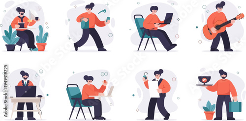 Diverse individuals engaged in various activities like work, leisure, and daily tasks