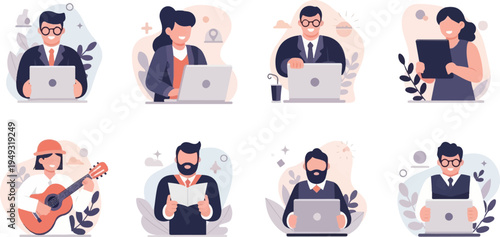 Diverse individuals engaged in various activities like working and playing music