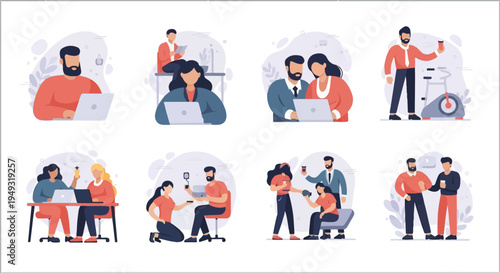 Diverse individuals engaged in various activities like working and socializing