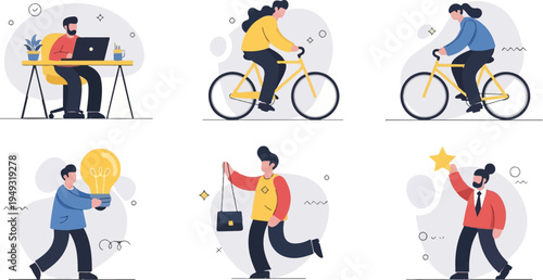 Diverse individuals engaged in various activities like working, cycling, and celebrating achievements