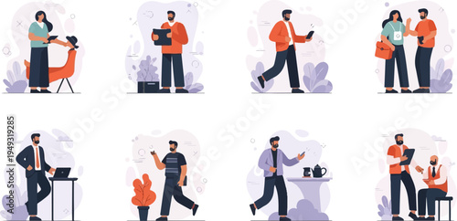 Diverse individuals engaged in various activities like working, conversing, and presenting