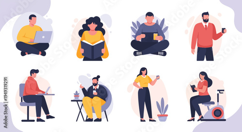 Diverse individuals engaged in various activities like working and exercising (1)