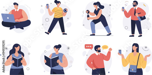 Diverse individuals engaged in various activities like working, exercising, and conversing