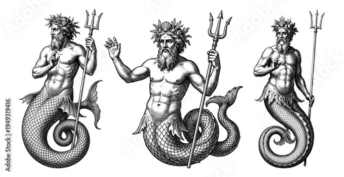 Ancient Greek Triton merman set in engraving style
