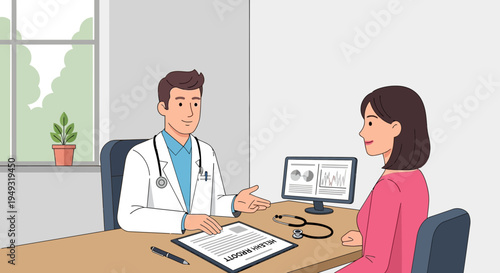doctor and patient consultation in medical office cartoon illustration