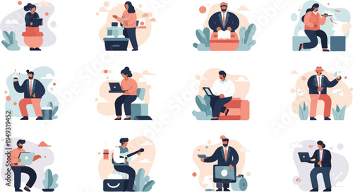 Diverse individuals engaged in various activities, including work and leisure