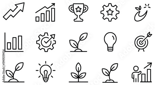 Business Growth Success Icons Vector Line Development Startup Achievement Performance Trophy Award Idea Lightbulb Target Chart Strategy Progress Finance Marketing Leadership Innovation Planning