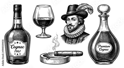 Premium cognac and cigar set with gentleman portrait