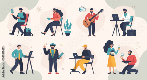 Diverse individuals engaged in various activities, including work and leisure (4)