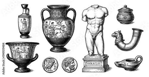 Ancient Greek artifacts set with Heracles statue and owl coin