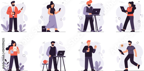 Diverse individuals engaged in modern work, using devices and enjoying beverages