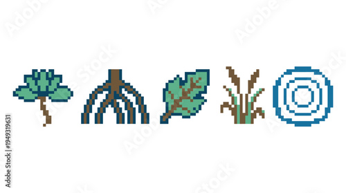 Five pixel art icons of various plants and natural water elements are lined up horizontally on a white background.