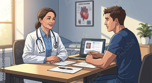doctor and patient consultation in medical office cartoon illustration