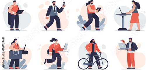 Diverse individuals engaged in modern work and travel activities with technology