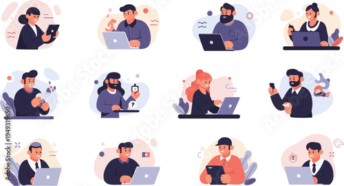 Diverse individuals engaged in modern work with digital devices