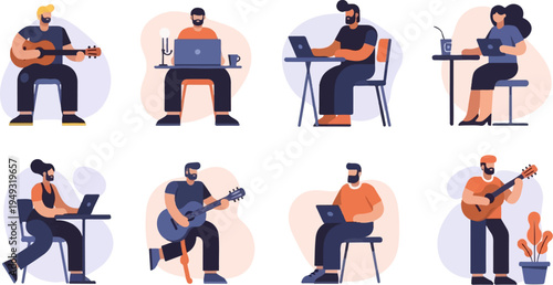 Diverse individuals engaged in music and work on laptops, isolated