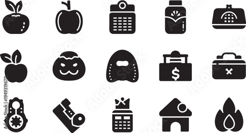 Healthy Nutrition and Personal Finance Icon Set Featuring Fresh Produce Financial Planning and Home Safety Symbols