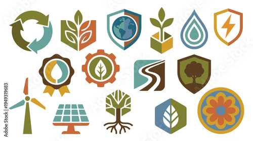 A set of vector icons representing environmentalism and renewable energy concepts is arranged on a plain white background.