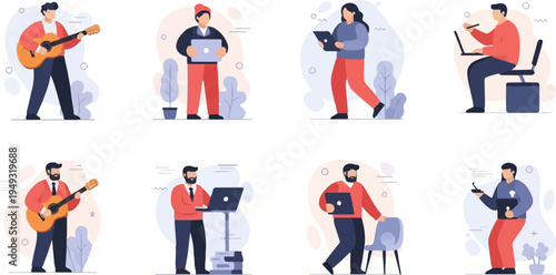 Diverse individuals engaged in music, work, and creative pursuits