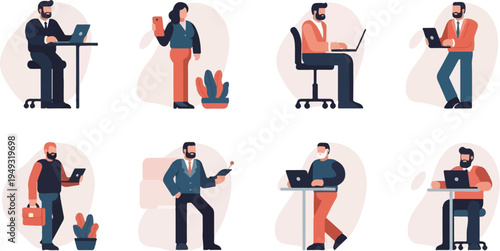 Diverse individuals engaged in office tasks and technology use