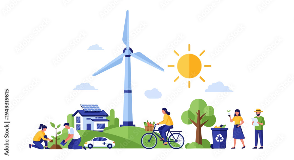Fototapeta premium Eco-Friendly Sustainable Living: Green Energy, Renewable Resources, Environmental Protection. People Plant Trees, Cycle, Recycle.