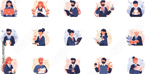 Diverse individuals engaged in professional activities, holding devices and documents