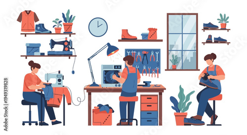 Diverse Craftsmanship & Repair Workshop: Seamstress, Technician, and Shoemaker at Work