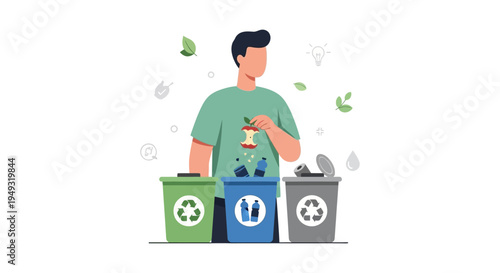 Sustainable Living: Man Sorting Waste into Recycling and Compost Bins for Environmental Protection