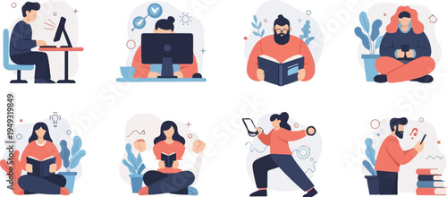 Diverse individuals engaged in reading, computing, and fitness activities