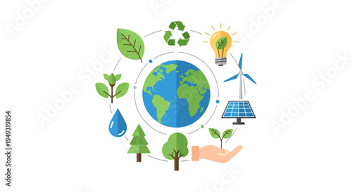 Global Environmental Sustainability Concept with Renewable Energy, Nature Conservation, and Eco-friendly Icons Around Planet Earth