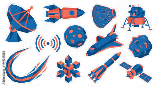 A collection of thirteen low-poly, sticker-style icons depicting space exploration vehicles is arranged on a white background.