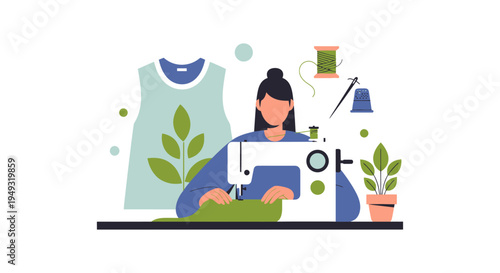 Woman Sewing Eco-Friendly Clothing with Machine, Organic Design Elements. Sustainable Fashion & Craft.