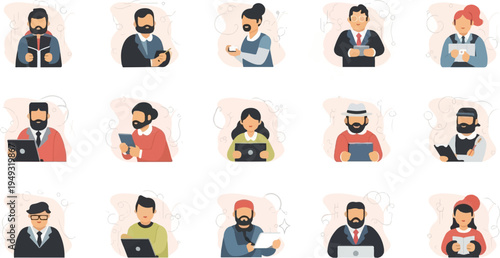 Diverse individuals engage with various devices and reading materials