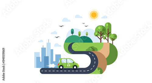 Eco-Friendly Car Driving from City to Green Nature Landscape - Sustainable Urban and Rural Travel