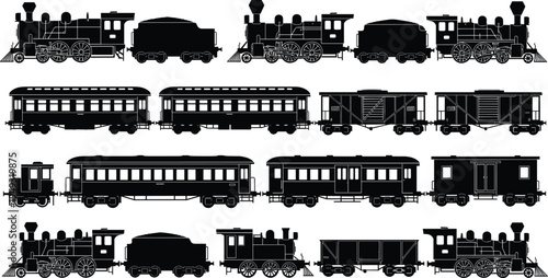 Vintage train silhouettes collection, steam locomotive and railway carriage set, classic railroad transport icons, antique train vehicles isolated illustration