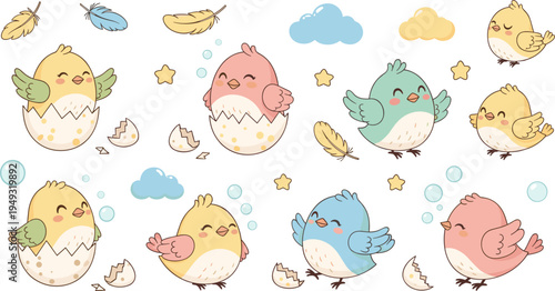 Cute Baby Bird Hatching from Egg Cartoon Illustration Set with Pastel Chicks, Feathers, Clouds and Stars for Kids Nursery and Spring Designs