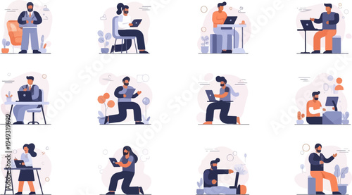 Diverse individuals engaged in remote work and digital activities indoors