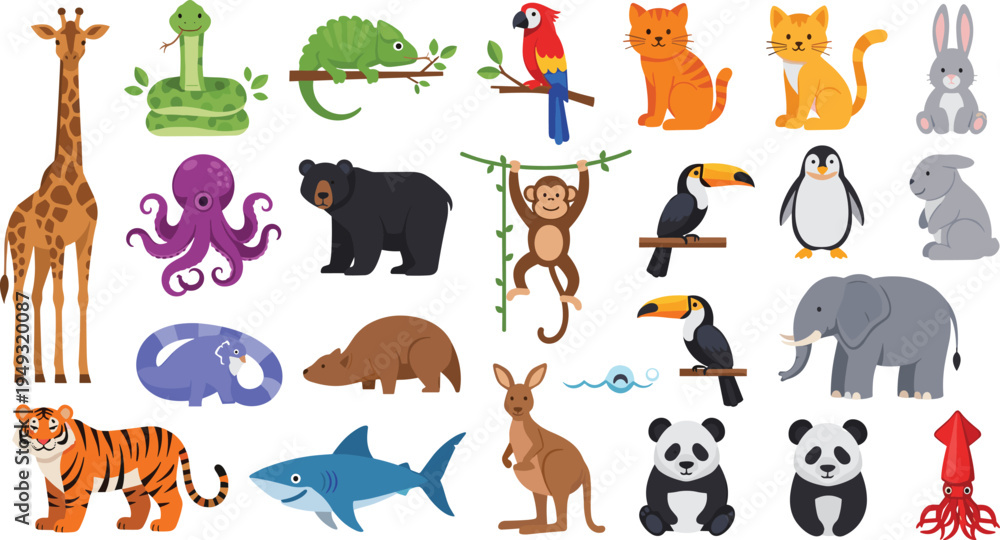 Obraz premium Wild animals collection including giraffe tiger panda elephant shark octopus monkey penguin toucan and kangaroo vector illustration set