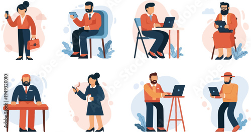 Diverse individuals engaged in digital activities, working and communicating