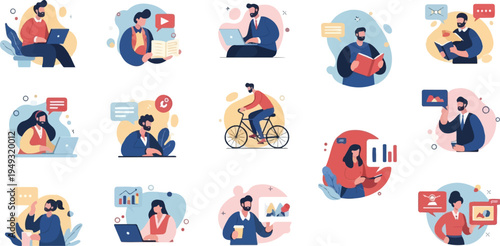 Diverse individuals engaged in digital communication and work activities