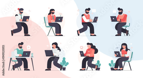 Diverse individuals engaged in digital tasks with laptops, a modern workplace scene