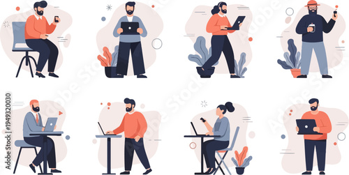 Diverse individuals engaged in digital tasks with laptops and phones, surrounded by abstract shapes