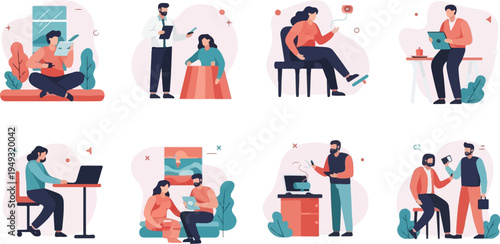 Diverse individuals engage in various tasks using digital devices and home settings