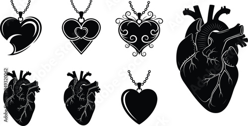 Black heart pendant and anatomical heart silhouette collection representing love, romance, medical anatomy, jewelry design and Valentine concept