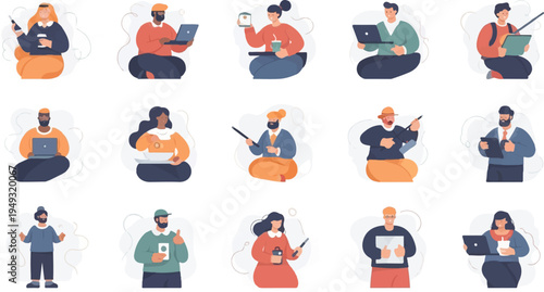 Diverse individuals engage in various tasks with laptops, tablets, and drinks