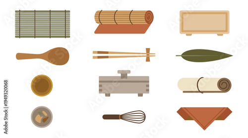 A collection of twelve flat design icons representing Japanese kitchenware and dining accessories is displayed on a white background.